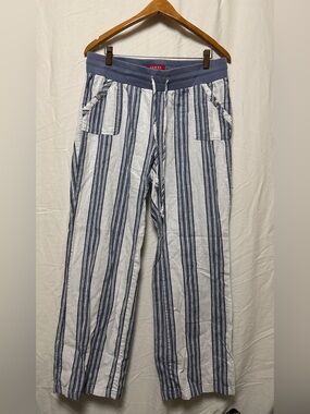 Guess Saida linen blend wide leg pants blue white striped